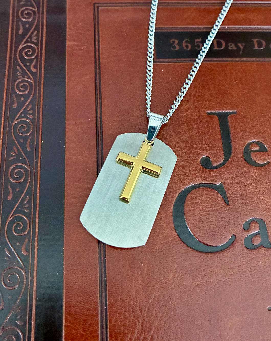 Brushed Steel Two Tone Cross Dog Tag