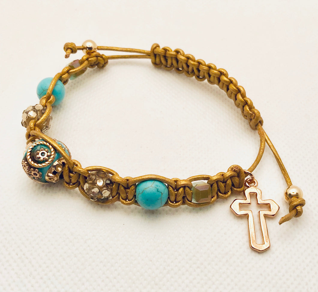 Turquoise Shamballa Style Cross Bracelet