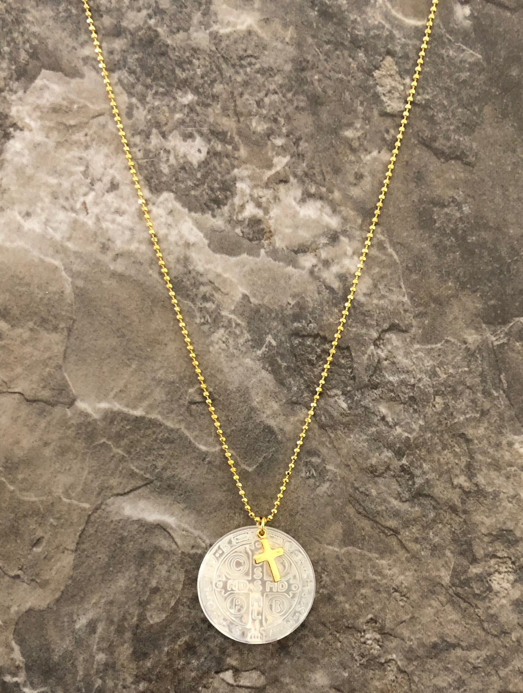 Round Cross Charm On Mother Of Pearl Necklace