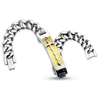 Cross on Gold Checkered Stainless Steel Chain Bracelet